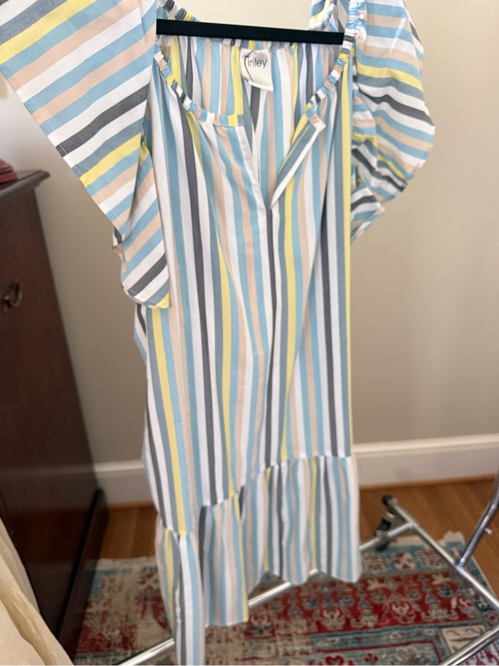 Women's Striped Ruffle Sleeve Dress in Blue/Yellow